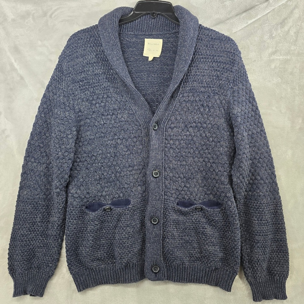 Billy‎ Reid Knit Cardigan Sweater Mens Medium Blue Shawl Collar Made in Italy